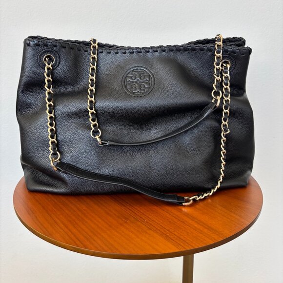Tory Burch Marion Pebbled Leather Shoulder Bag – Black with Gold Chain Strap - Picture 1 of 11